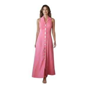 Coldwater Creek Women's 6 Coral Modest Shell Button Front Linen Blend Maxi Dress